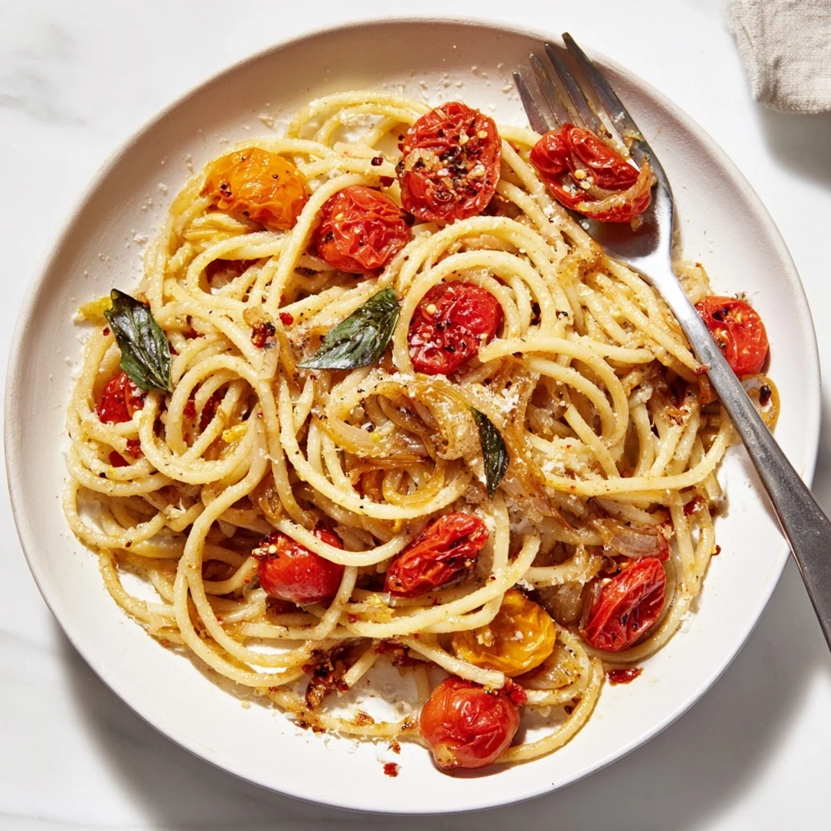 Tender spaghetti in a skillet with vibrant Lazy-Girl Pasta sauce, ready for a simple dinner.