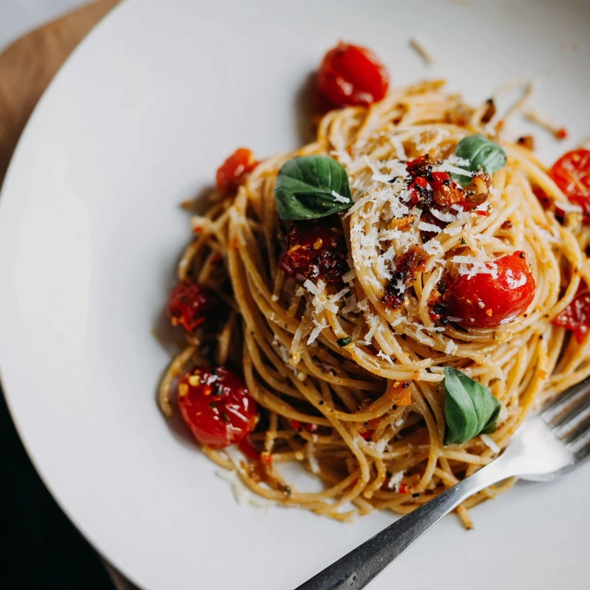 Steaming bowl of Lazy-Girl Pasta, glistening with tomatoes, Parmesan, and a touch of basil.