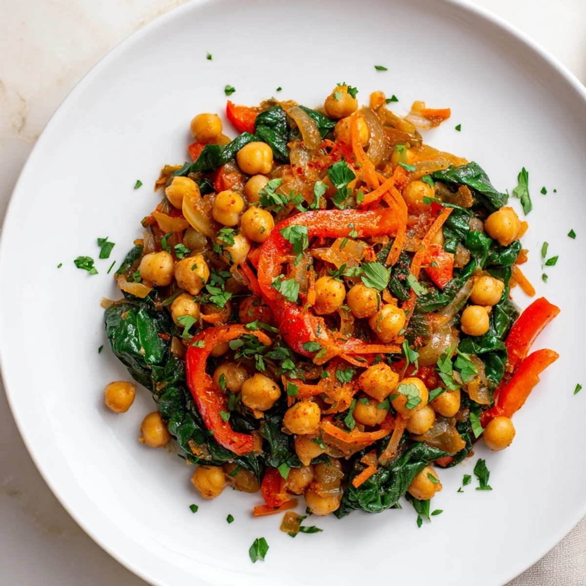 Warm, flavorful Vegetarian Chickpea & Spinach Skillet perfect with crusty bread for a delicious vegetarian dinner.
