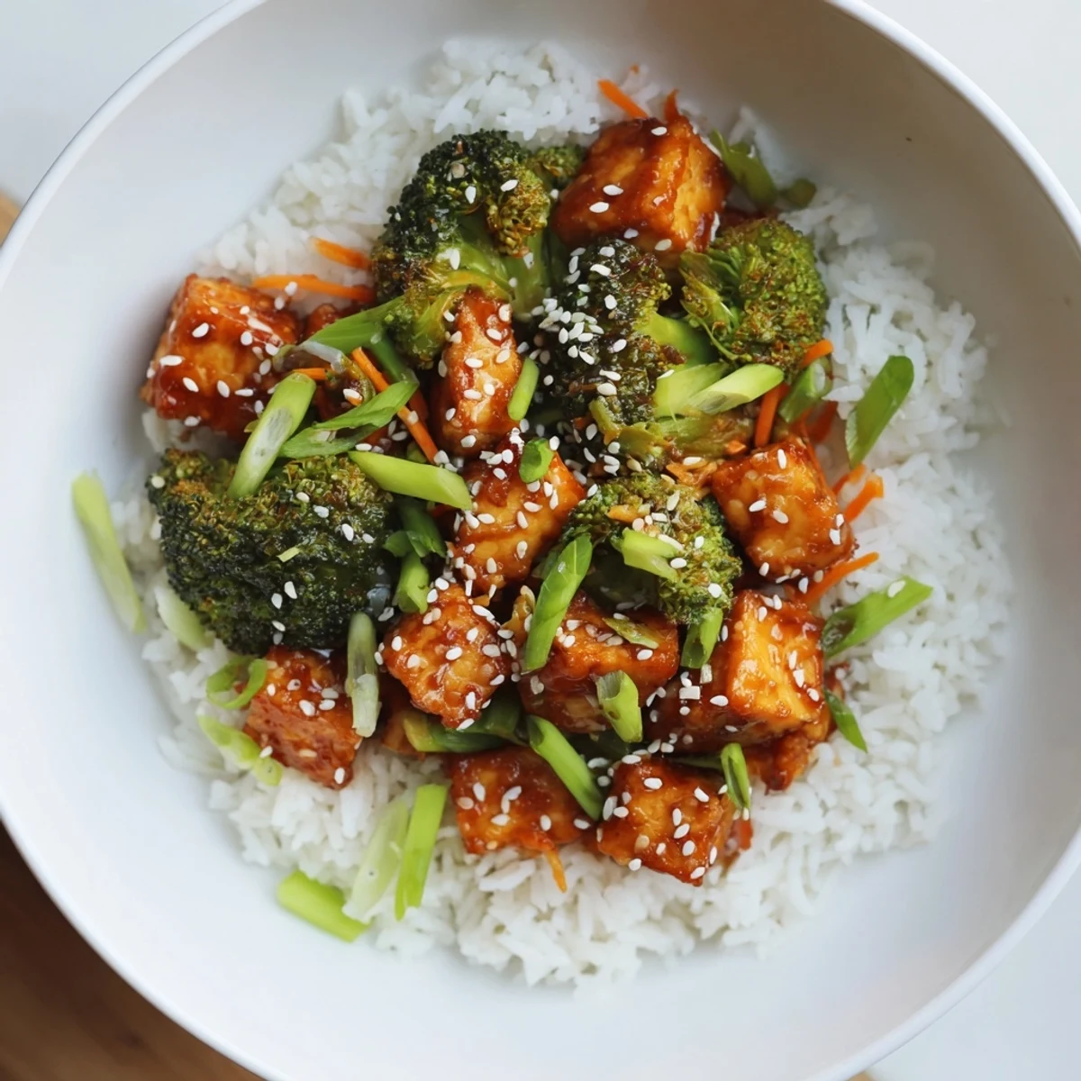 Crispy sesame tofu and broccoli with rice drizzled in a savory, glossy sauce looks delicious.