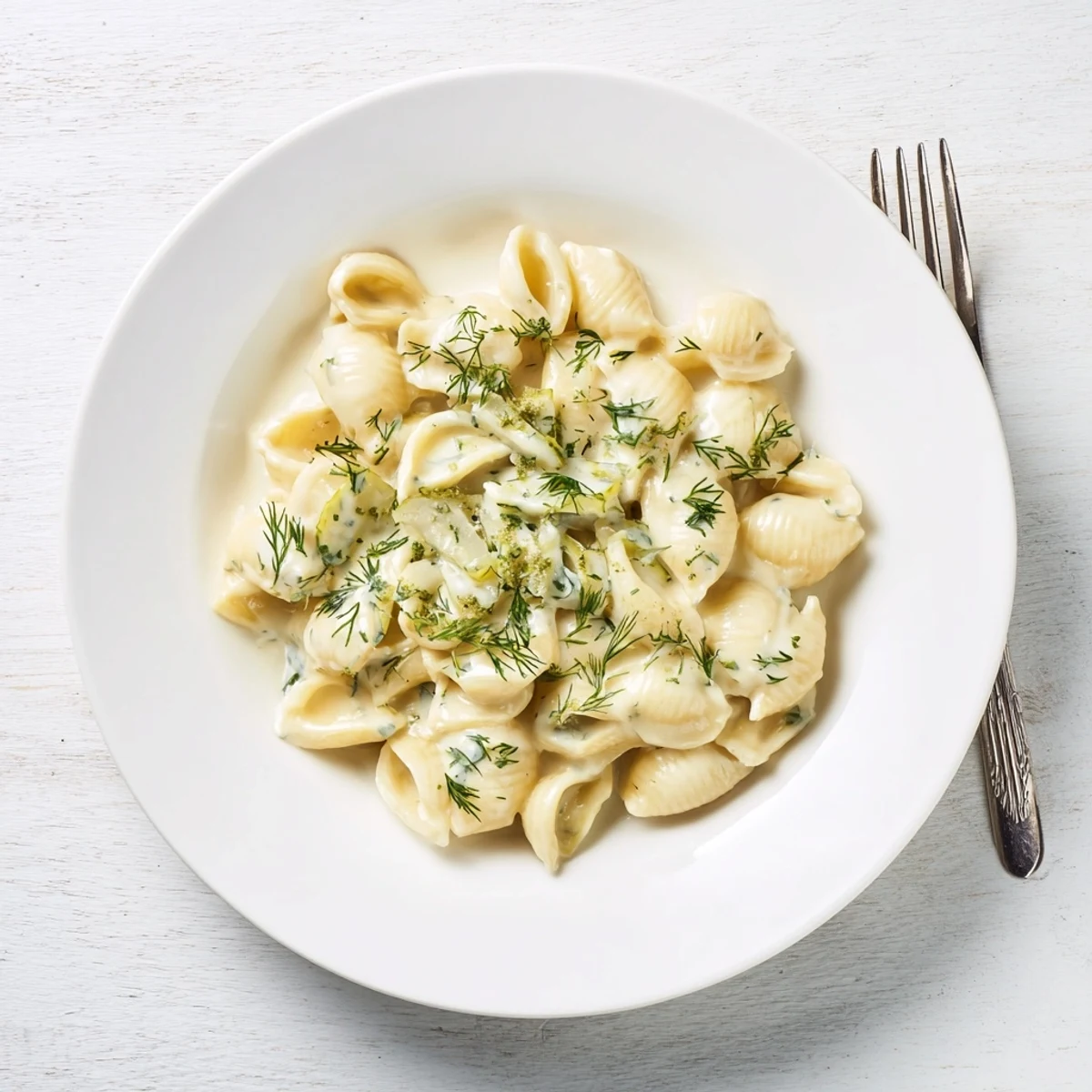 A close-up shot of creamy Pickle Mac and Cheese, garnished with fresh dill, ready to eat.