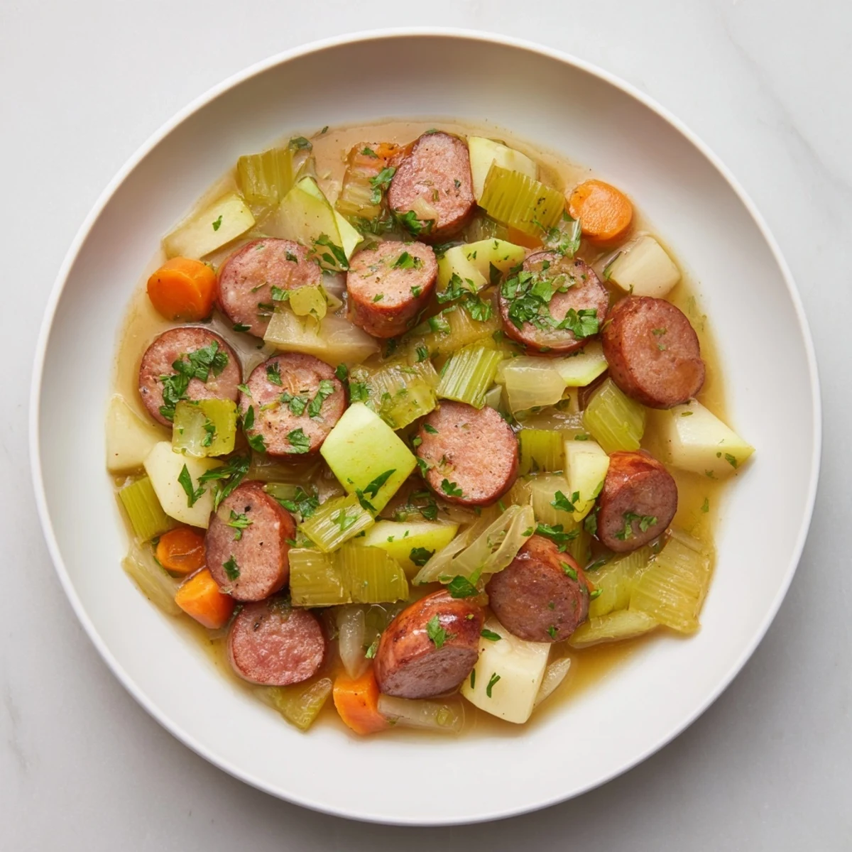 Golden-brown Stovetop Sausage, Celery, and Apple Hotpot, a comforting one-pot meal, ready to serve.