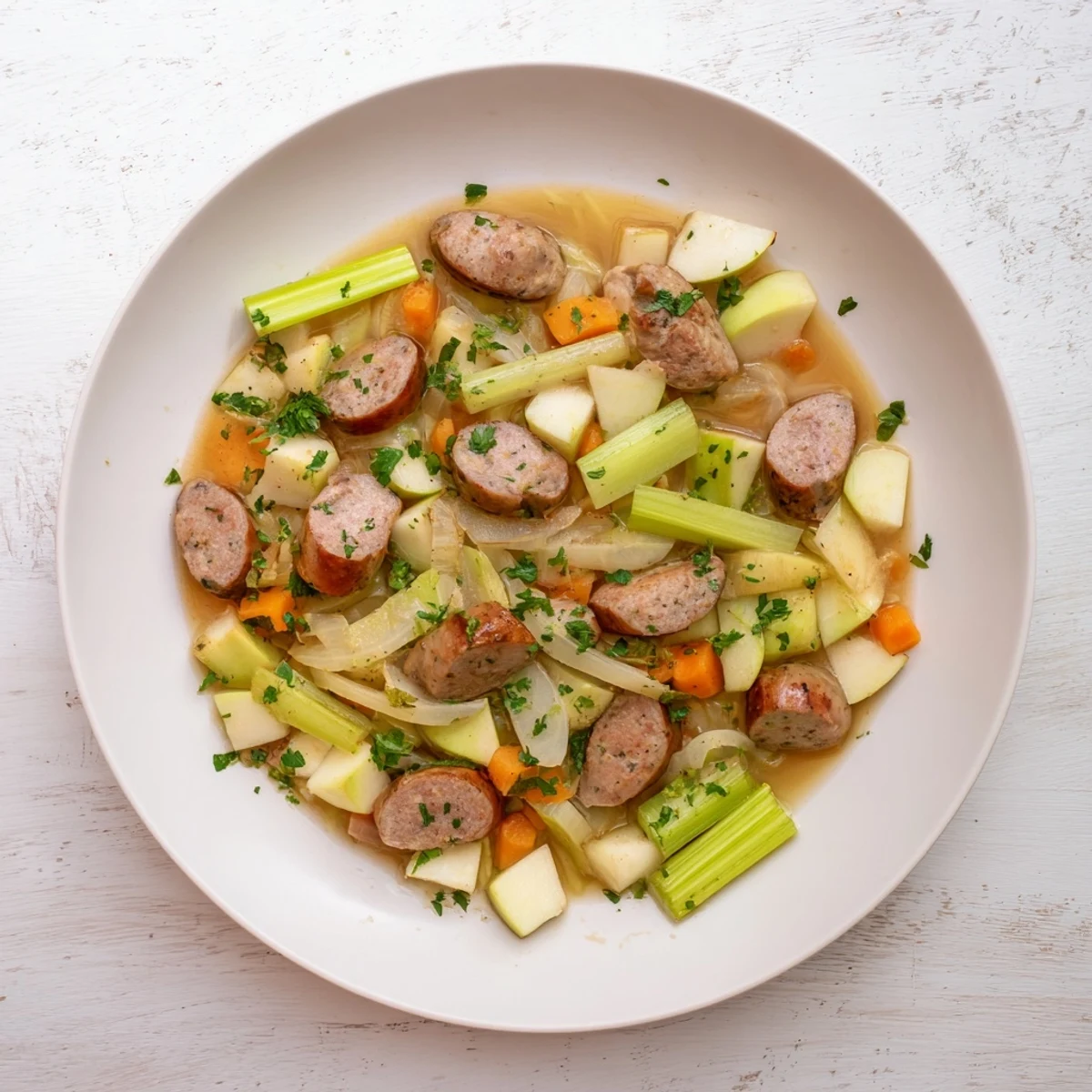 Steaming hot Stovetop Sausage, Celery, and Apple Hotpot, full of tender, savory sausage and apples.