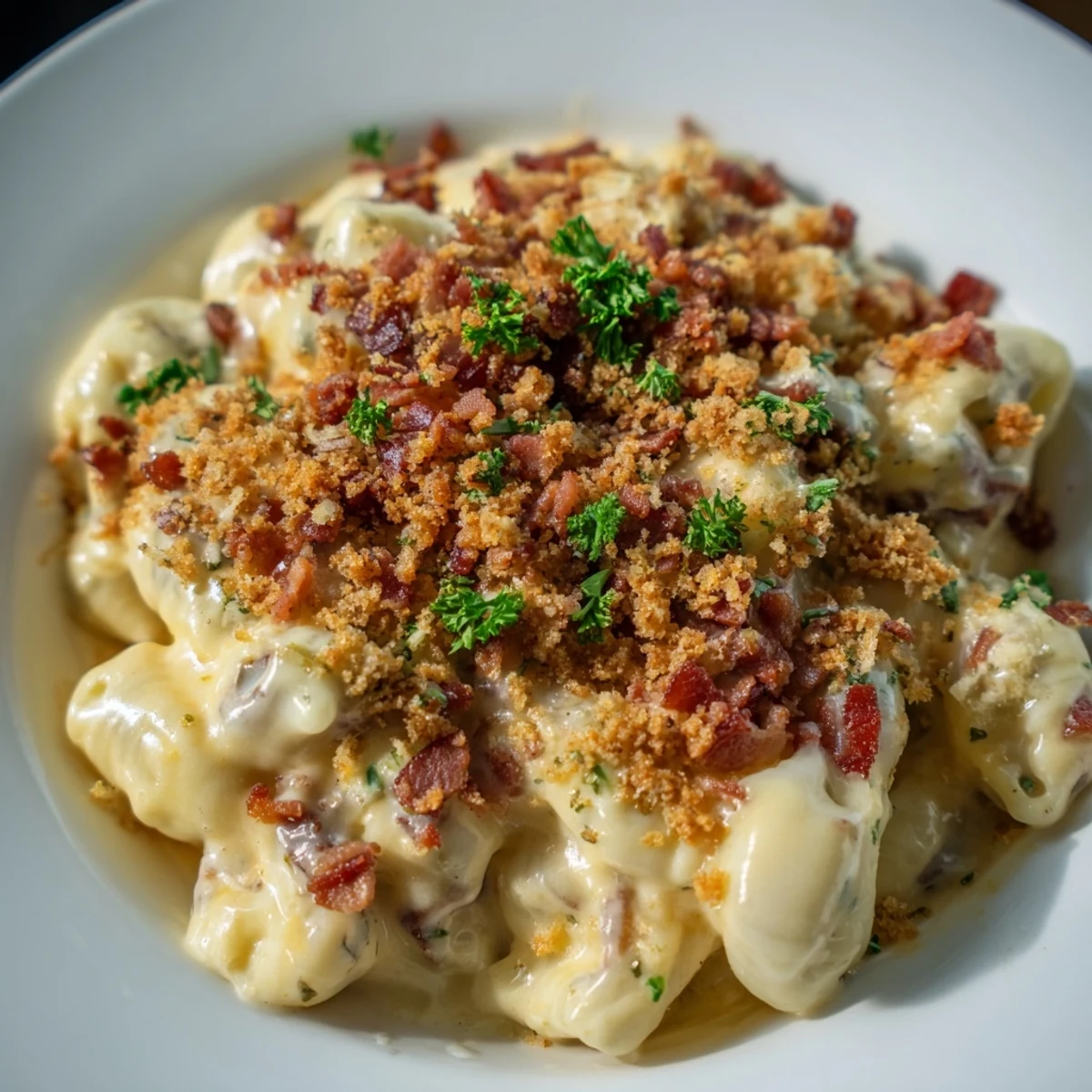 Golden-brown Sheet Pan Mac and Cheese with crispy bacon and cheesy, bubbly texture, ready to serve.