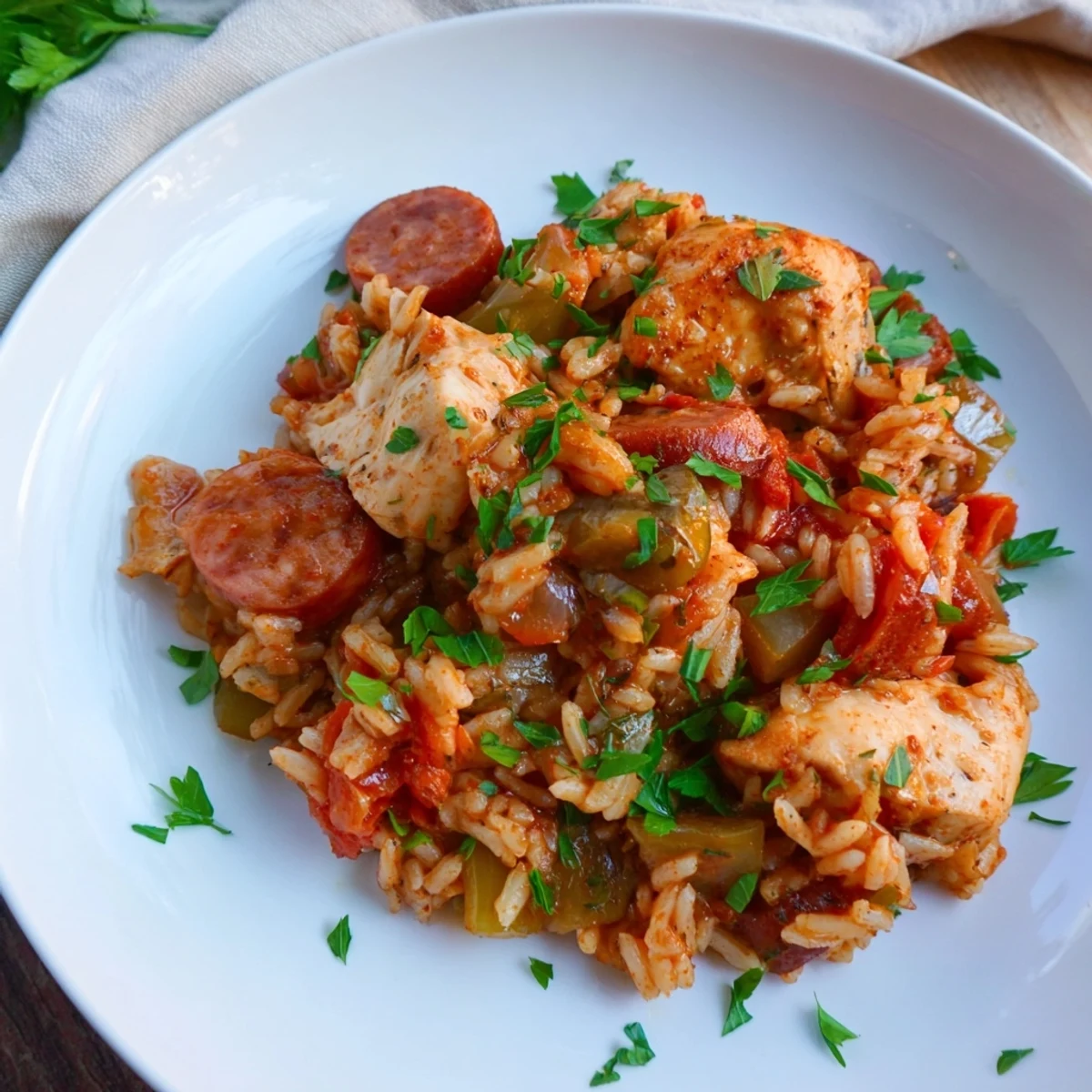 Golden Simple Chicken and Sausage Jambalaya Bake, bubbling and served with fresh parsley and lemon wedges.