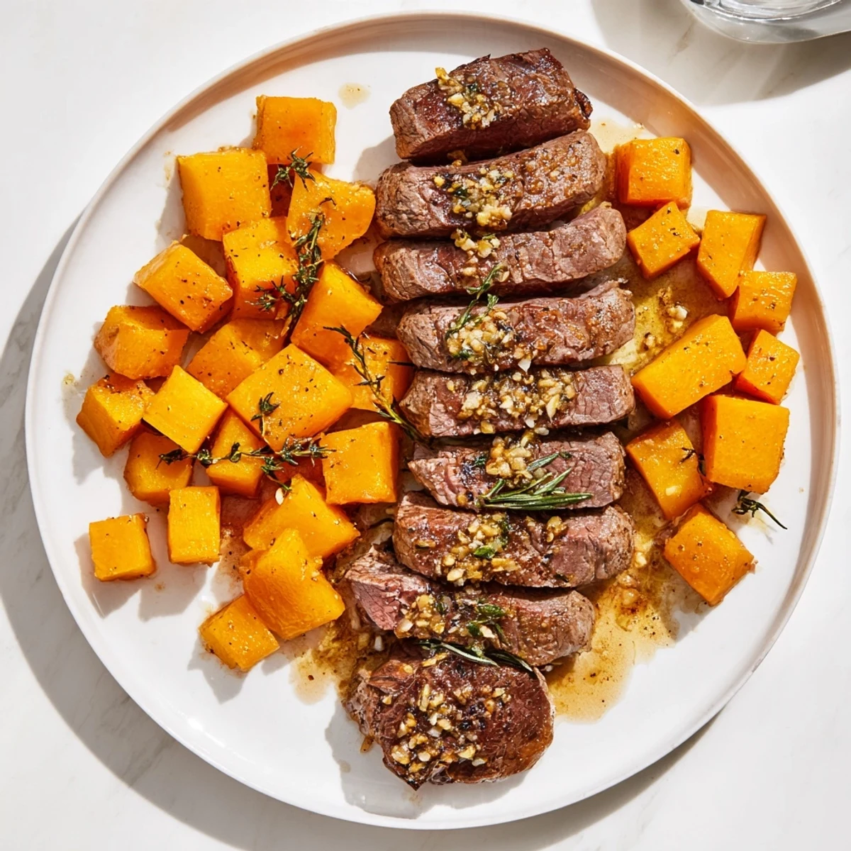 Golden roasted butternut squash and garlic herb steak bowls, a savory and hearty gluten-free meal.