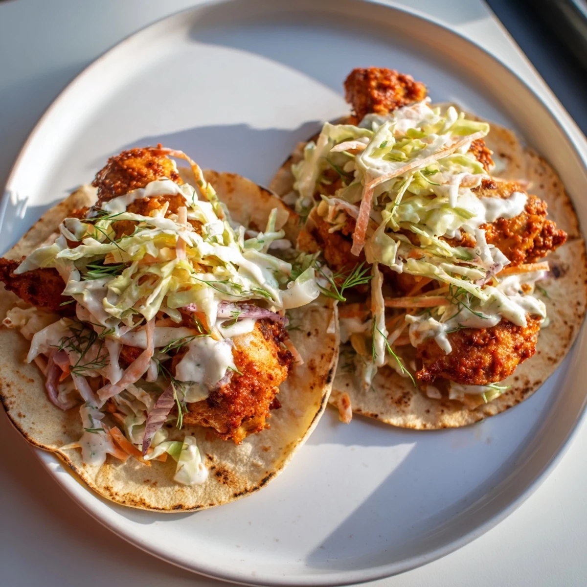 Sizzling Buffalo Chicken Smash Burger Tacos, ready to be devoured, with creamy ranch slaw piled high.