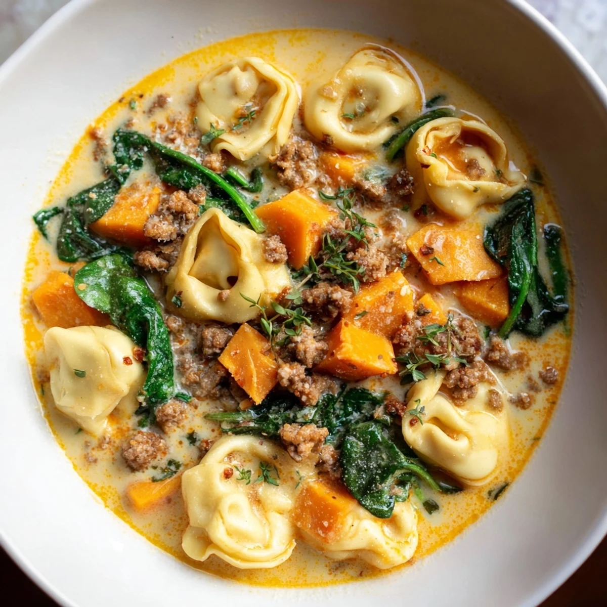 Rustic close-up of creamy sausage tortellini soup, highlighting the richness of the Italian-American flavors.