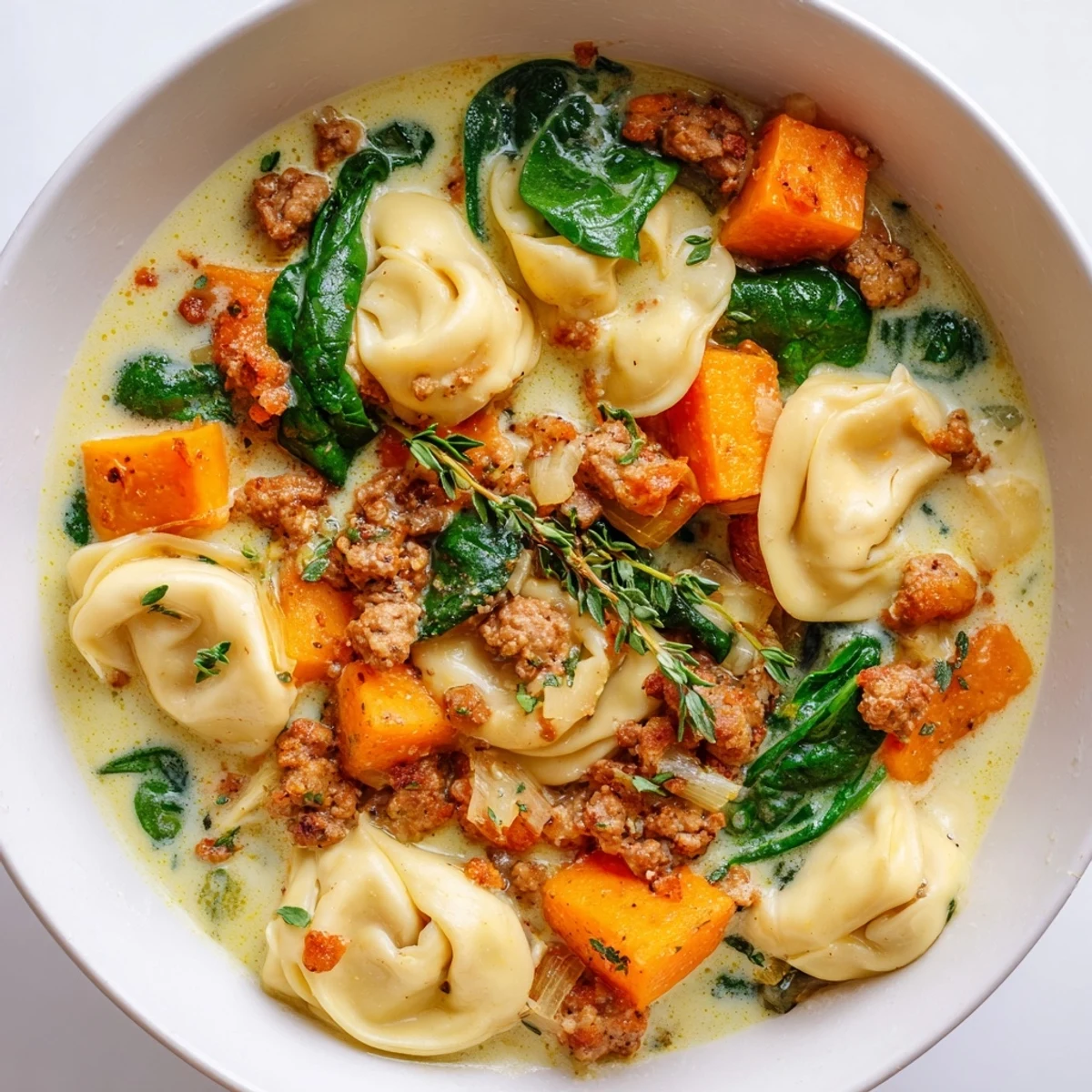 A comforting spoonful of creamy sausage tortellini soup, a hearty bowl perfect for a cozy dinner.