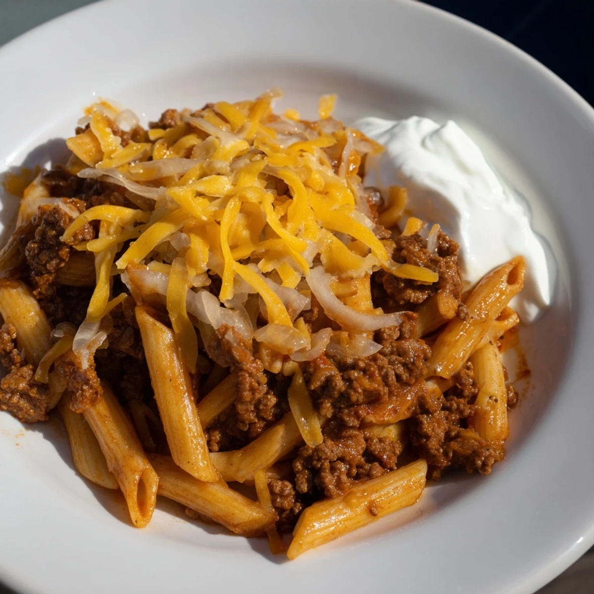 Tender Easy Beef Enchilada Pasta, a one-pot meal with melted cheese and savory sauce.
