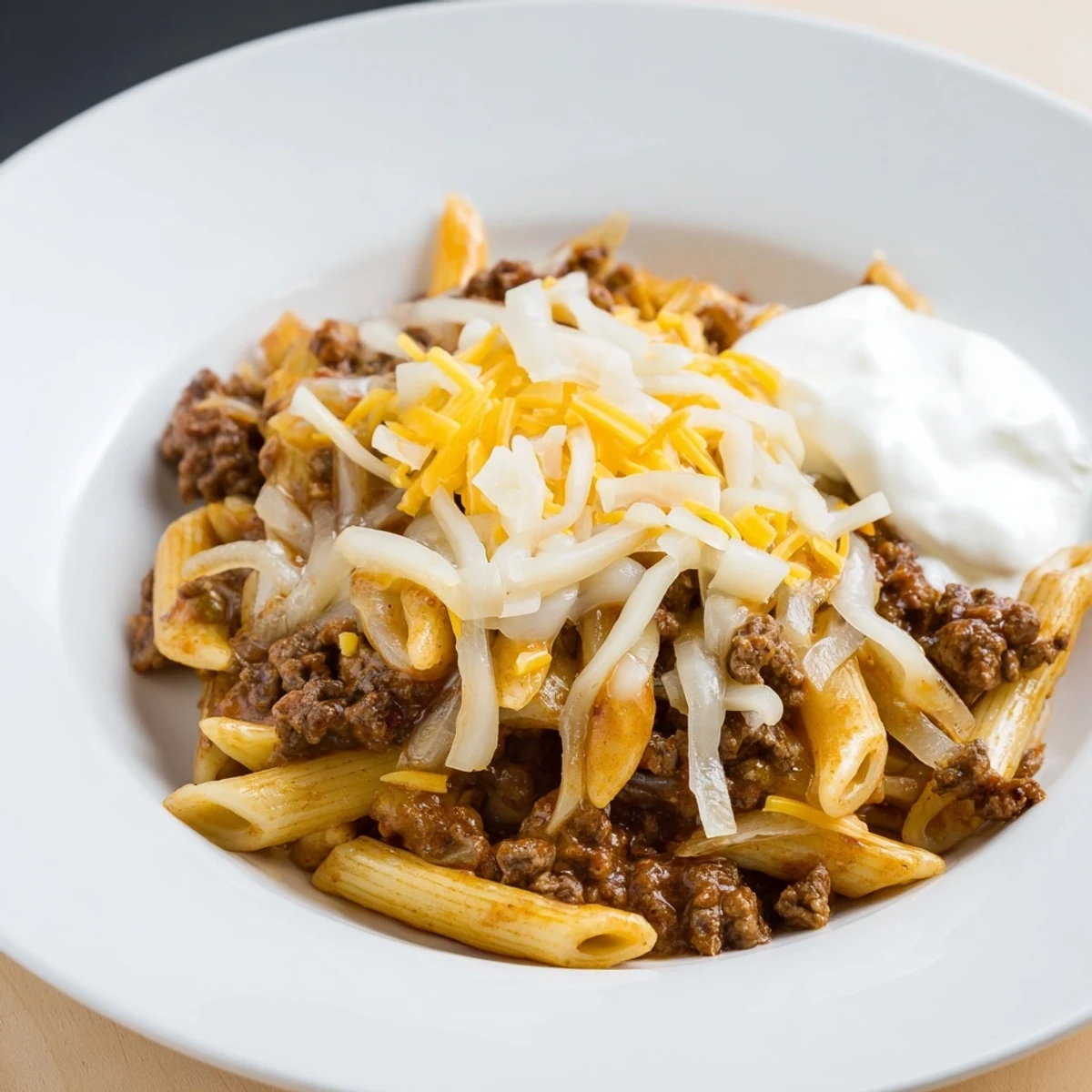 This image shows a delightful bowl of Easy Beef Enchilada Pasta, ready to serve with sour cream.