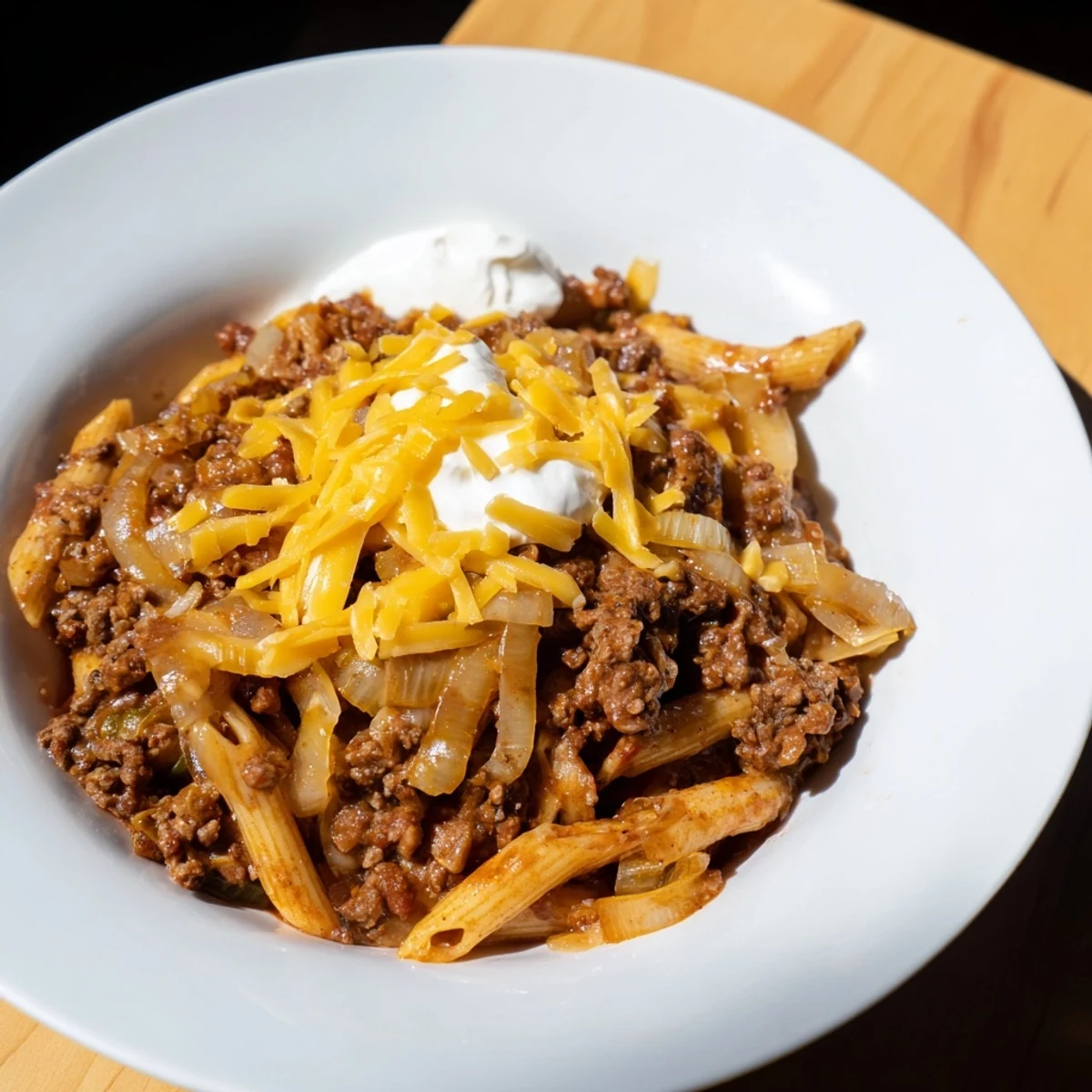 Creamy cheddar tops this hearty Easy Beef Enchilada Pasta, perfect for a flavorful weeknight dinner.