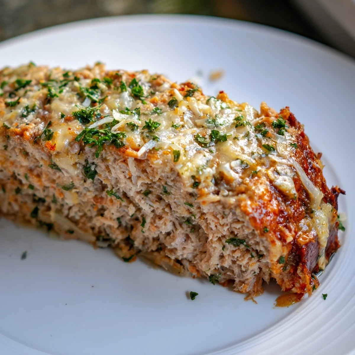 A close-up of a perfectly cooked Juicy Garlic Parmesan Chicken Meatloaf, still steaming on the baking sheet.