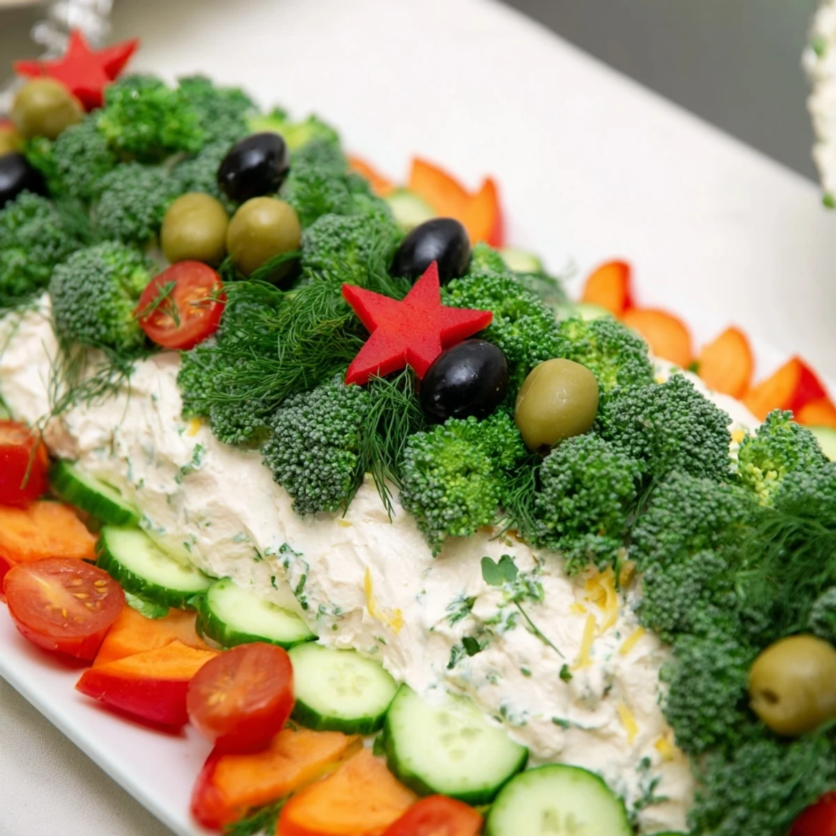 A delicious Christmas Tree Dip platter, showcasing colorful veggies and crackers perfect for your holiday appetizer table.