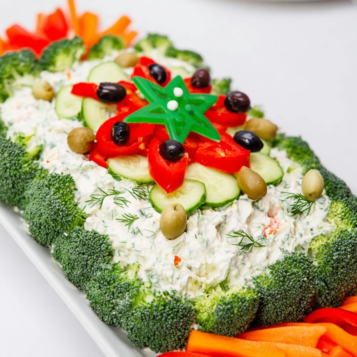 Enjoy the inviting sight of a creamy, herbed Christmas Tree Dip surrounded by fresh, crunchy dippers, ready to serve.