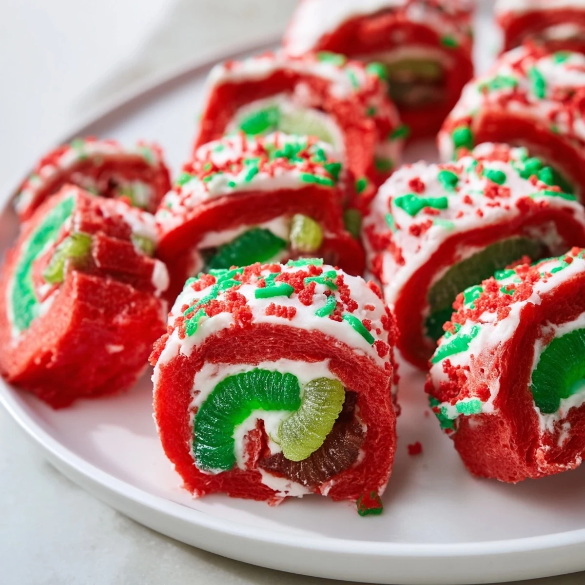 Vibrant Easy Christmas Fruit Rollup Sushi with colorful candies and gummy worms arranged like festive sushi.