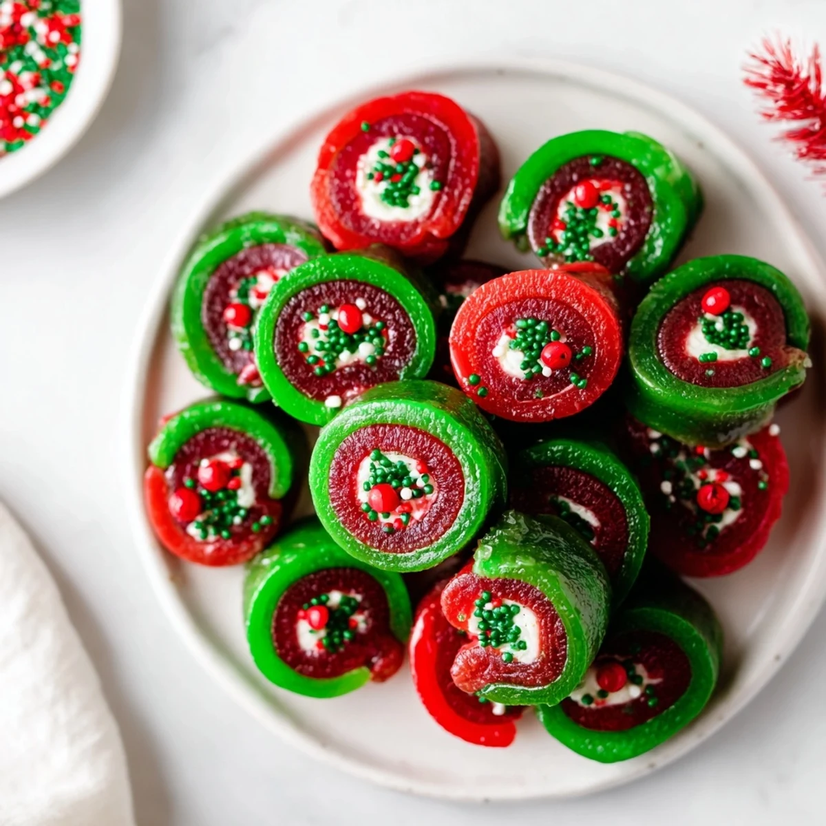 Sweet, chewy fruit rollups transformed into adorable Easy Christmas Fruit Rollup Sushi, ready to be enjoyed.