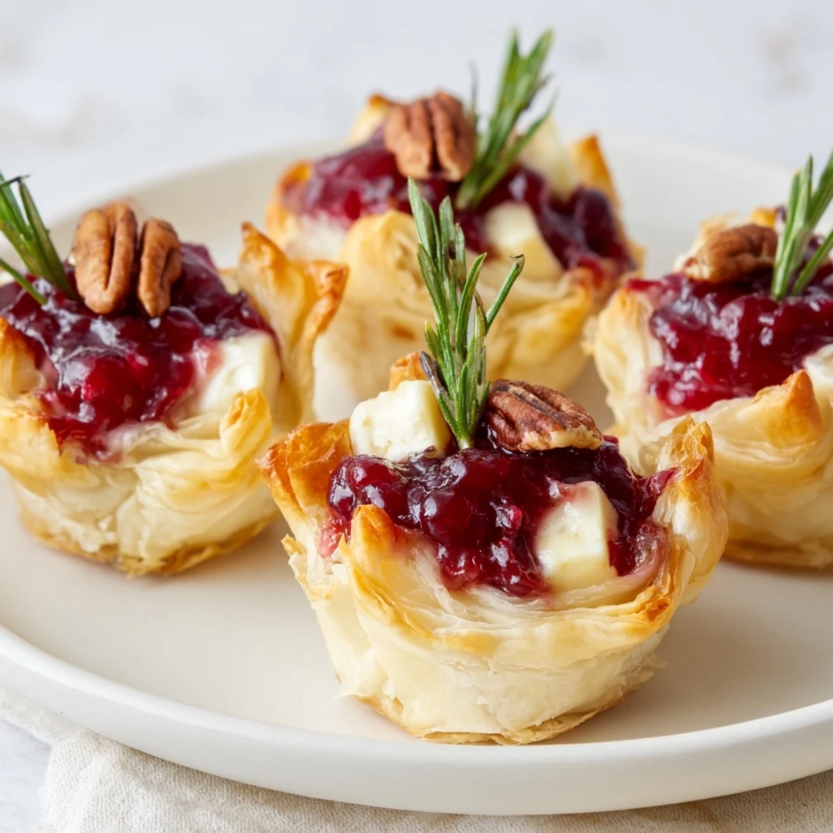 Golden, bubbly Express Cranberry Sauce Brie Bites: warm melted cheese and sweet cranberry atop pastry.