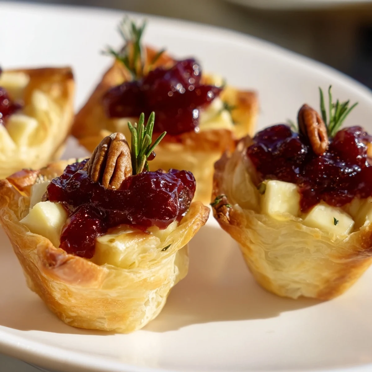 Close-up of baked Express Cranberry Sauce Brie Bites, showing creamy Brie and cranberry filling inside.