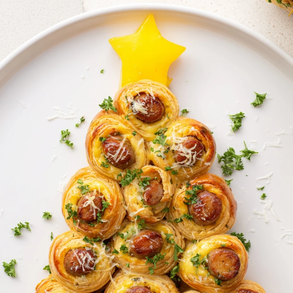Golden-brown Express Pigs in Blanket Christmas Tree arranged with a star, ready for quick enjoyment and dipping.
