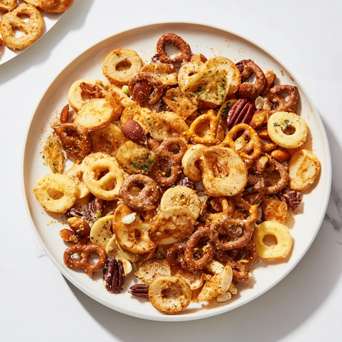 A close-up of delicious Air Fryer Bagel Chip Christmas Mix showcasing the crunchy texture and holiday colors.