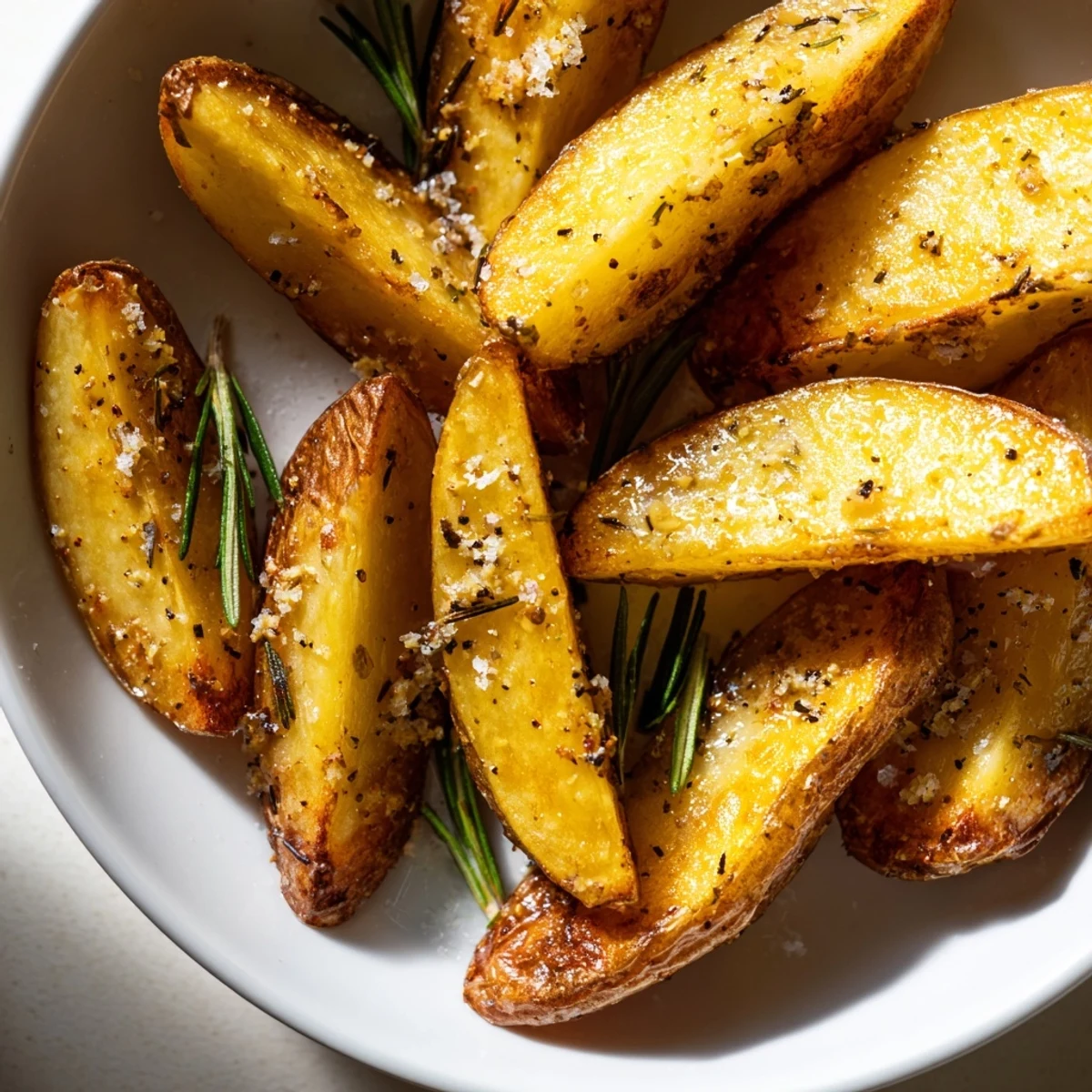 A close-up of sizzling Quick Rosemary Roast Potato Wedges, showing crispy edges and herb flecks.