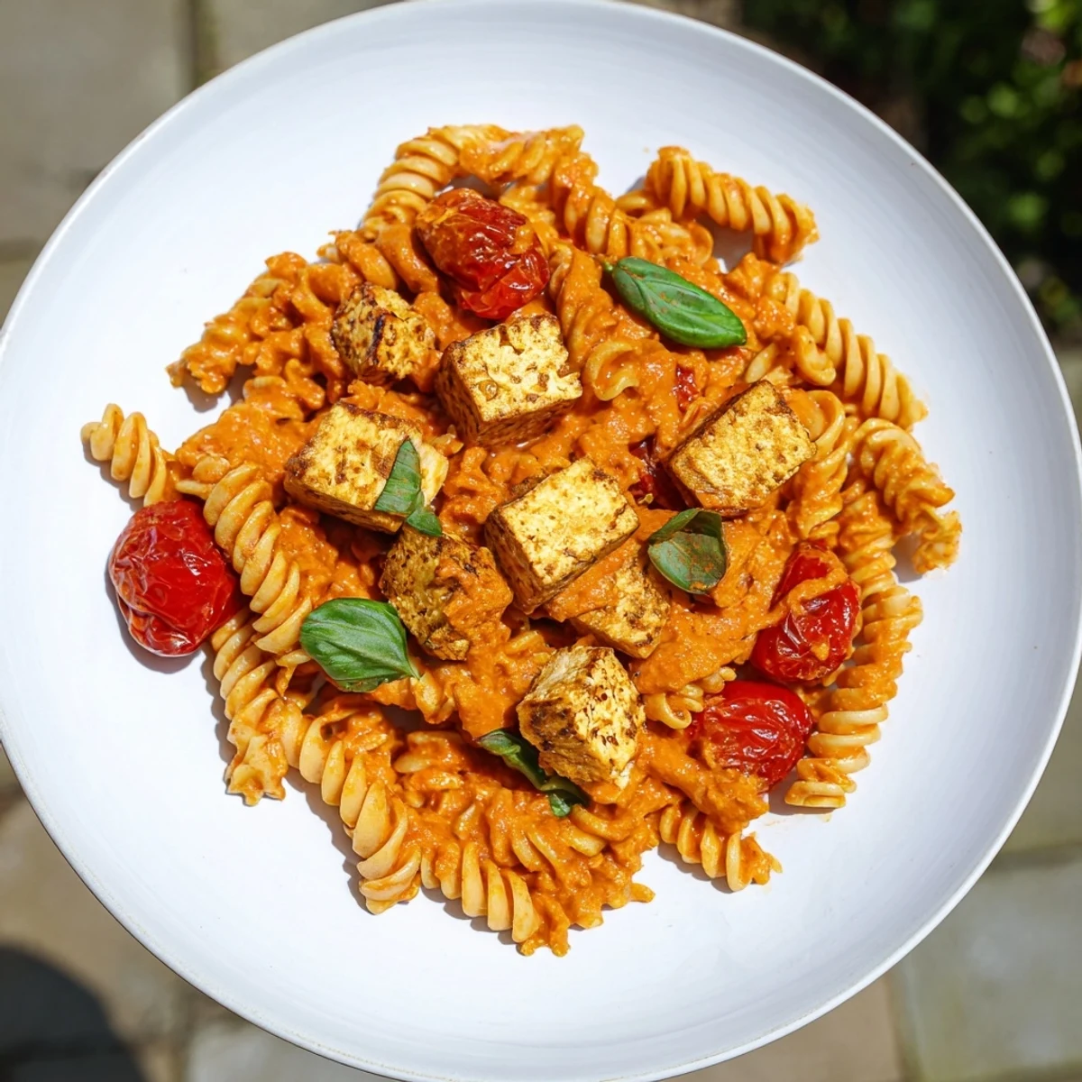 Golden baked tofu feta pasta with roasted tomatoes, a creamy vegan delight ready to eat.