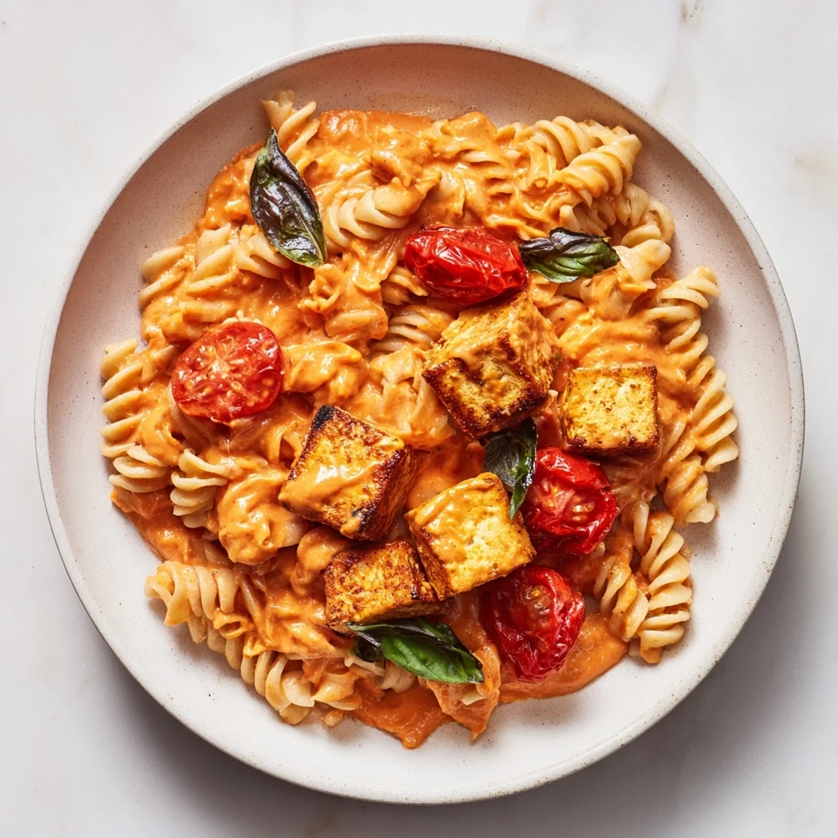 Hearty vegan baked tofu feta pasta, bursting with flavorful roasted tomatoes and fresh basil.