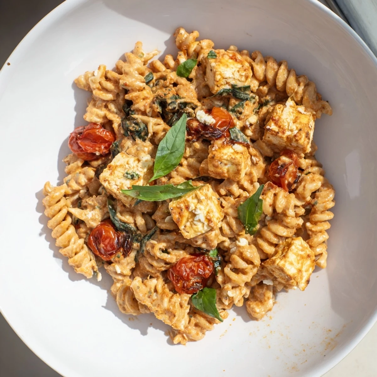 Close-up of a comforting bowl of vegan baked tofu feta pasta, a dairy-free Mediterranean meal.