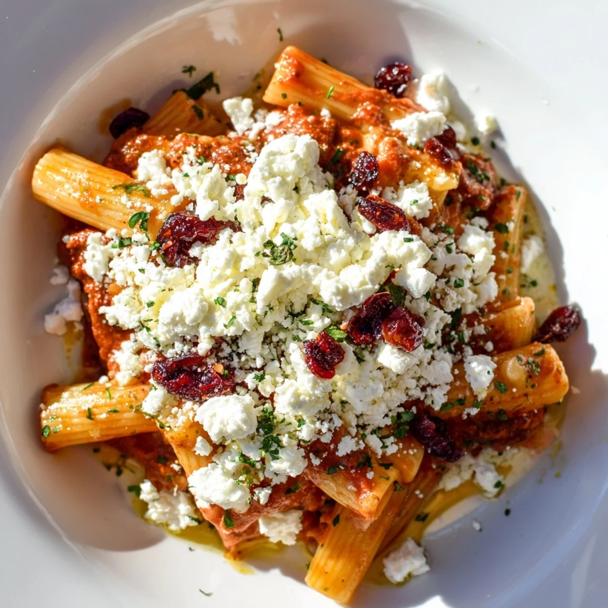 Creamy feta melts over a vibrant Cranberry-Sage Feta Pasta Bake, perfect for a cozy vegetarian meal.