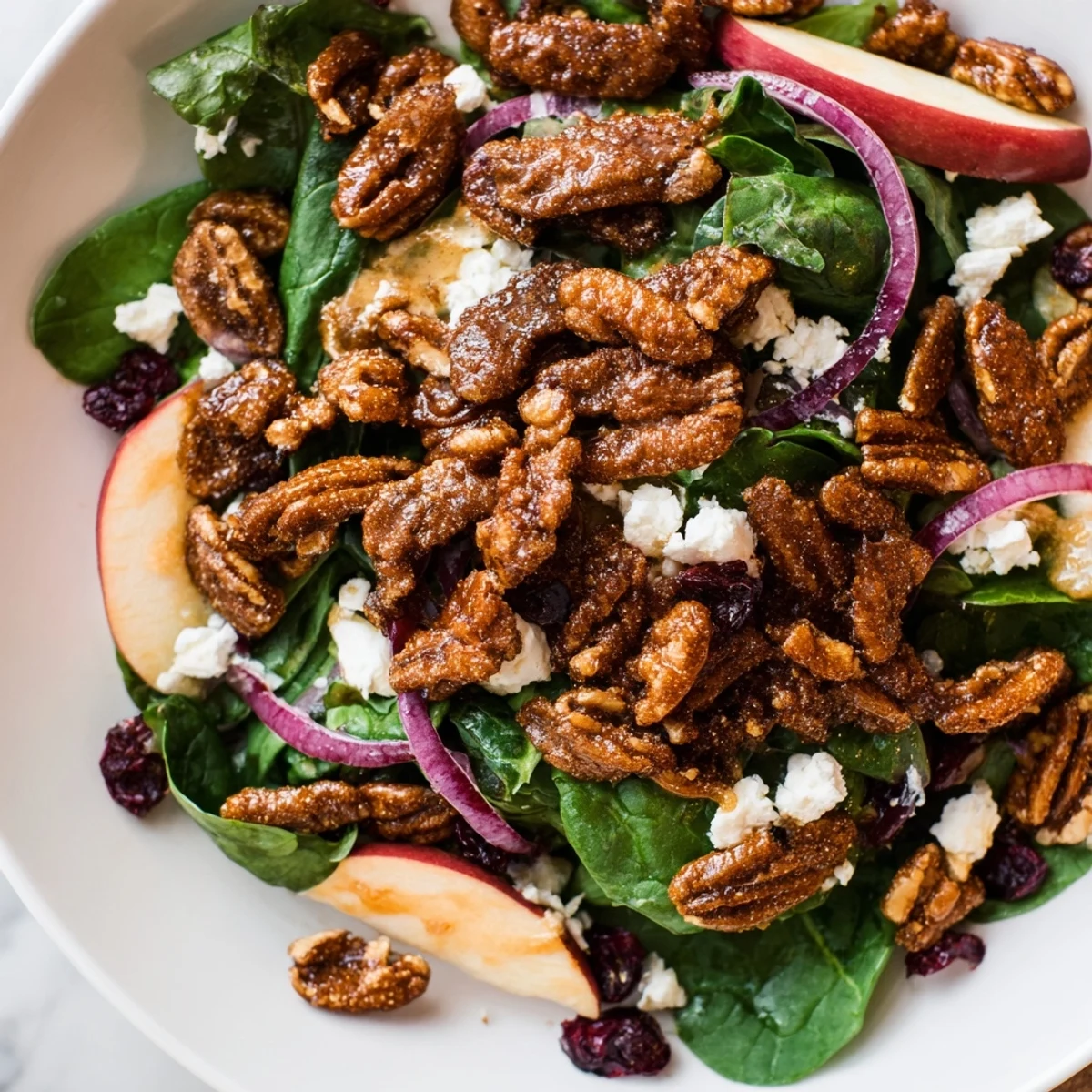 Festively plated Gingerbread Spiced Candied Pecan Salad: a delicious mix of textures and seasonal flavors.