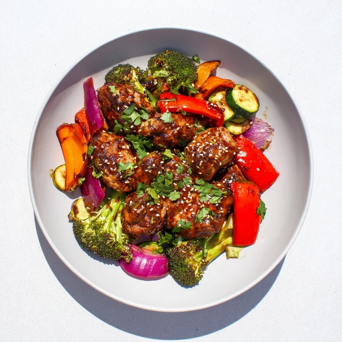 Golden-brown Spicy Honey-Garlic Chicken Sheet Pan, bursting with vibrant roasted vegetables for a flavorful dinner.