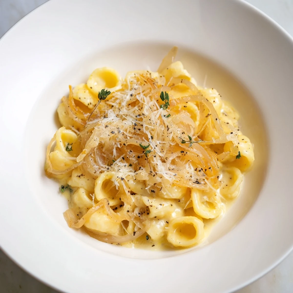 A close-up view displays this comforting Creamy French Onion Ditalini with melted cheese and fresh herbs.