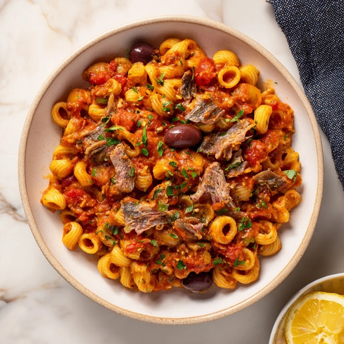 Savory Puttanesca Ditalini: small pasta shapes swimming in a delicious sauce with capers and olives.