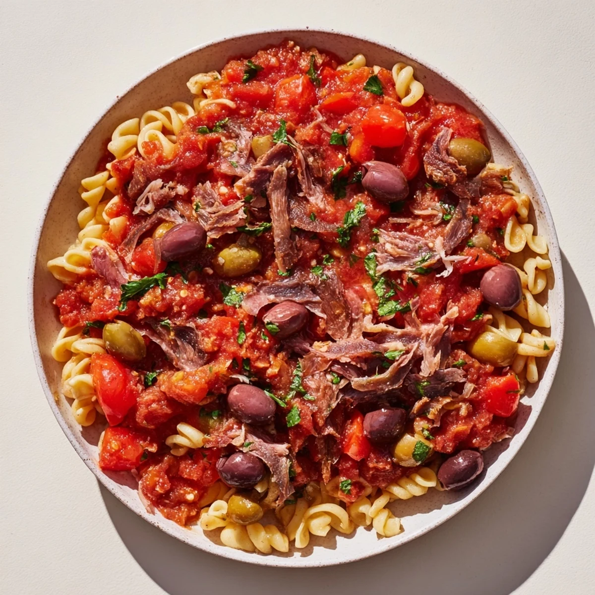 Steaming Puttanesca Ditalini, a flavorful Italian pasta coated in a rich, tomato-based sauce with olives.
