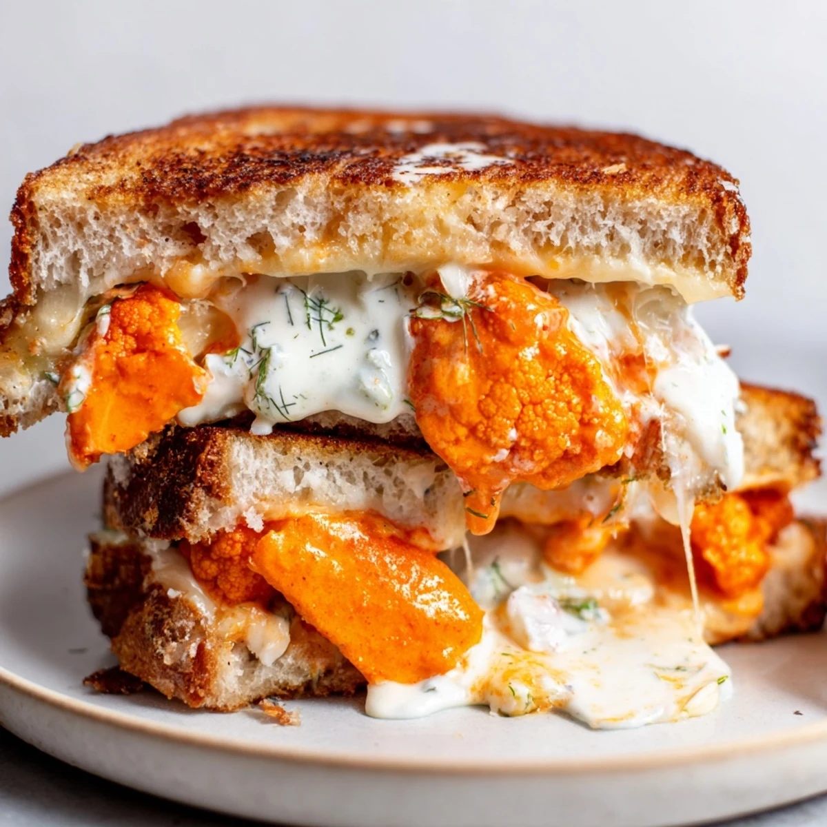 Golden-brown Buffalo Cauliflower Ranch Grilled Cheese, oozing melted cheese and spicy cauliflower.