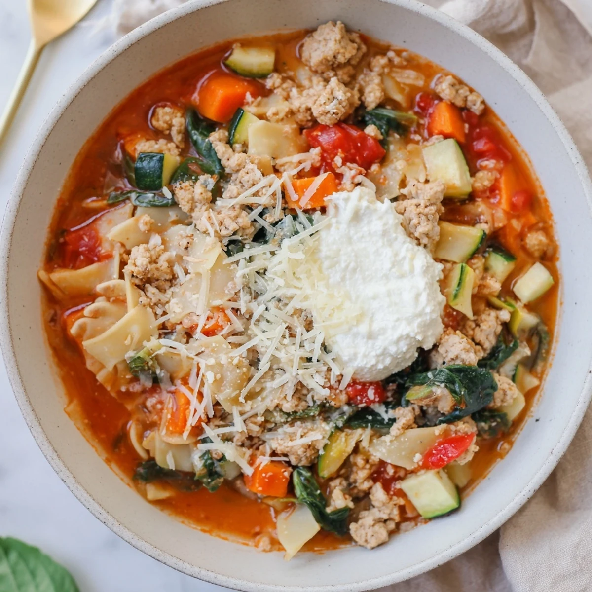 Healthy Lasagna Soup, a flavorful bowl with vibrant veggies and a creamy cheese topping.