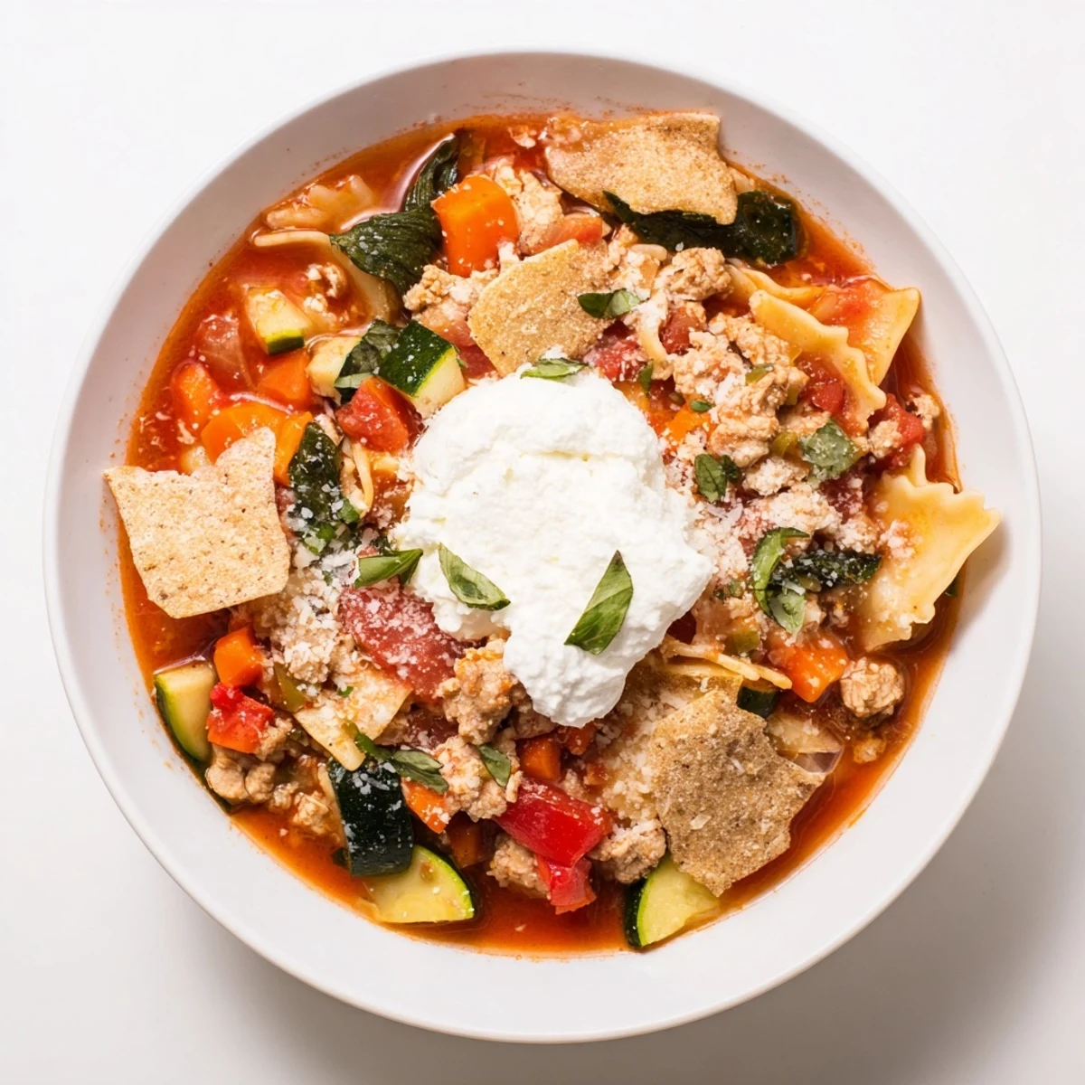Hearty Healthy Lasagna Soup, garnished with fluffy ricotta, mozzarella, and fresh herbs, ready to enjoy.