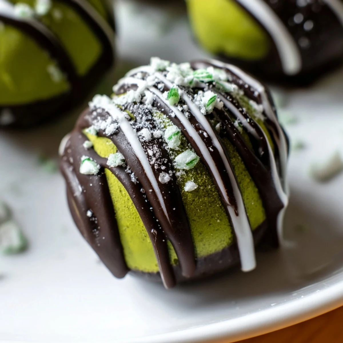 Close-up of decadent Matcha Dark Chocolate Peppermint Truffles: a luxurious treat with visible matcha coating.