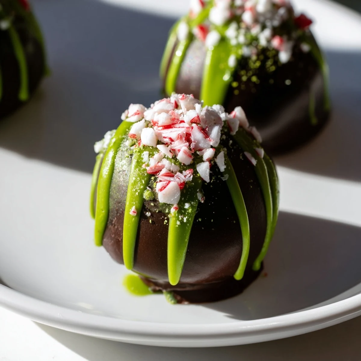 Vibrant green Matcha Dark Chocolate Peppermint Truffles, dusted with matcha, resting elegantly ready to be enjoyed.