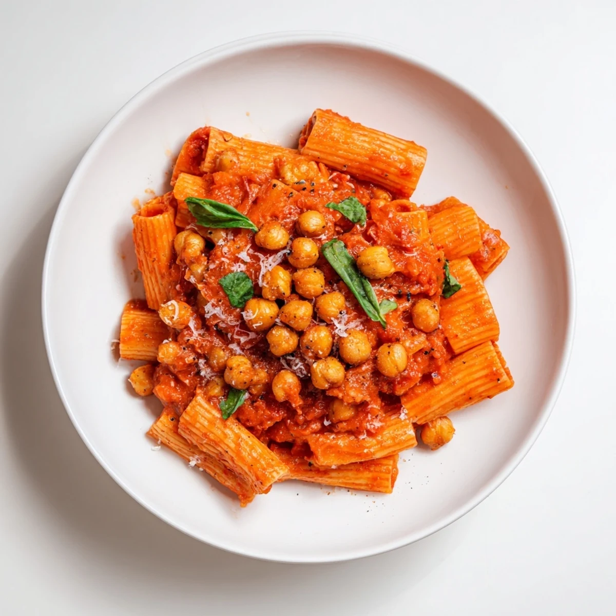 Arrabbiata Roasted Chickpea Crunch Pasta: a close-up photo shows the spicy pasta topped with crispy chickpeas.