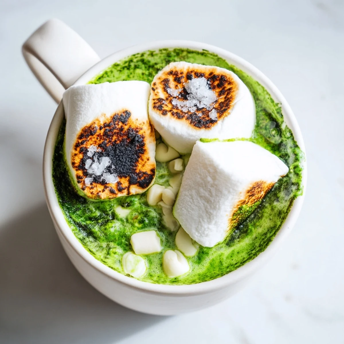 Golden toasted marshmallow topping a mug of vibrant, creamy Toasted Marshmallow Campfire Matcha Hot Cocoa.