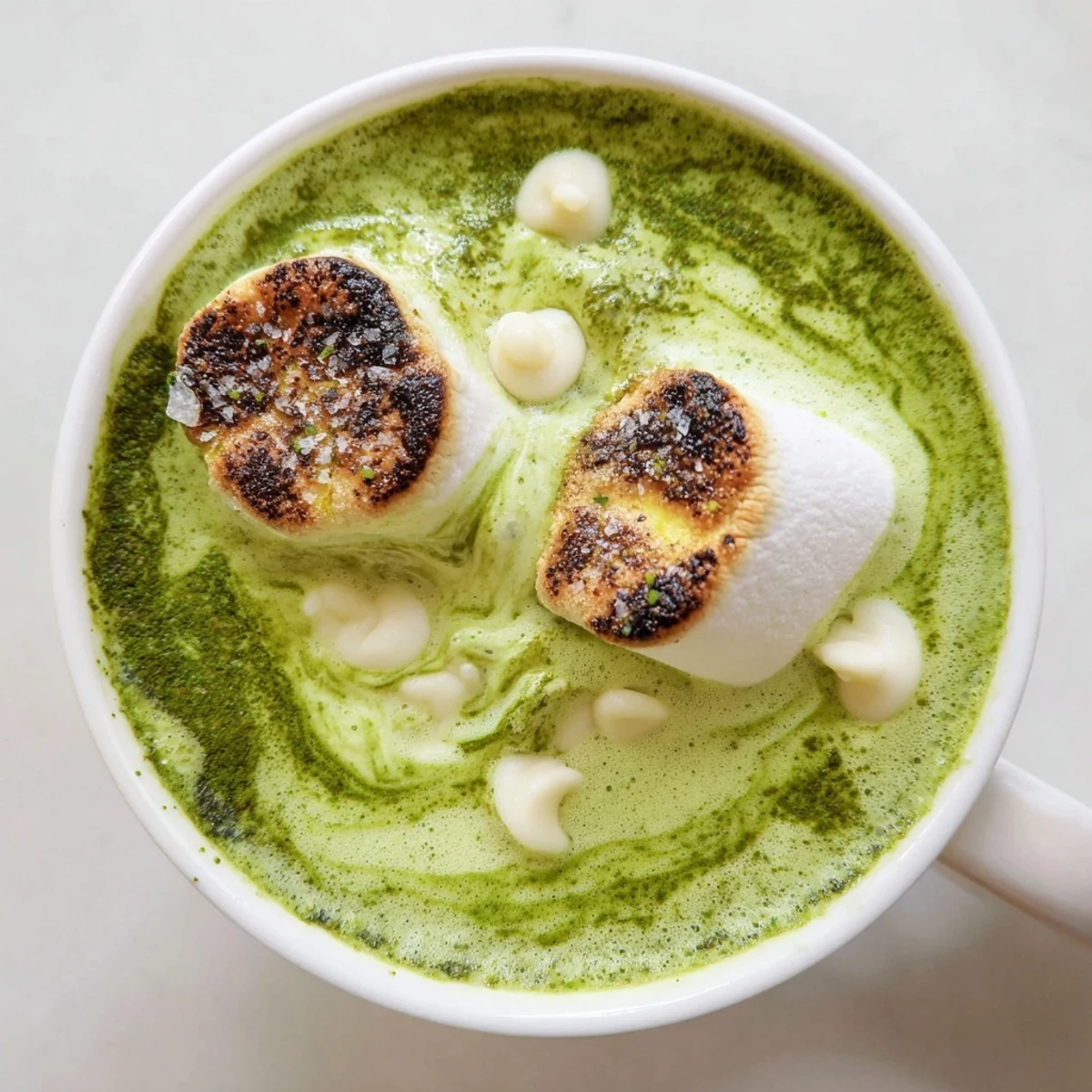 Imagine the rich color of Toasted Marshmallow Campfire Matcha Hot Cocoa with hints of charred, golden marshmallows on top.