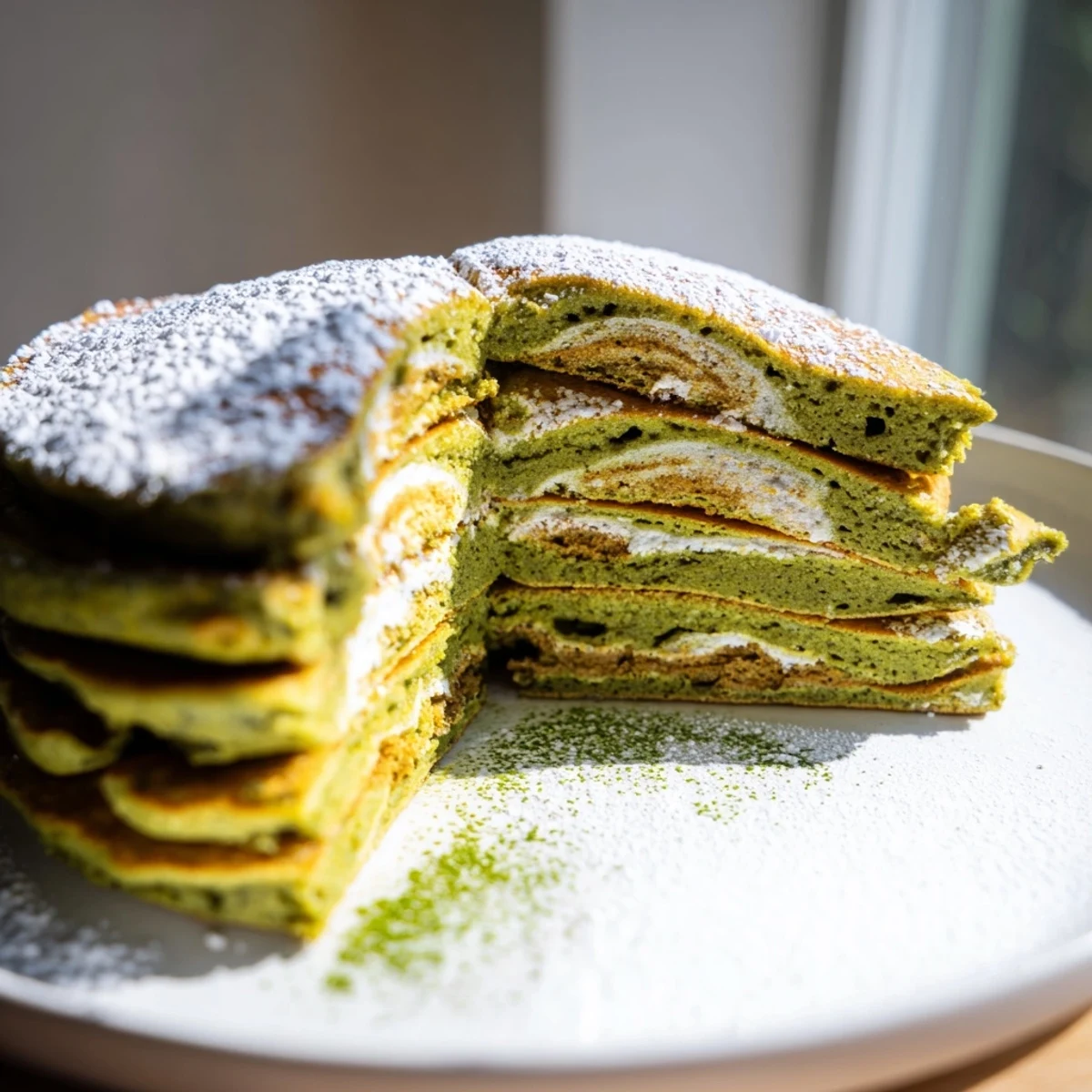 Egg White Gingerbread Matcha Soufflé Pancakes, beautifully stacked, fluffy with a dusting of powdered sugar.