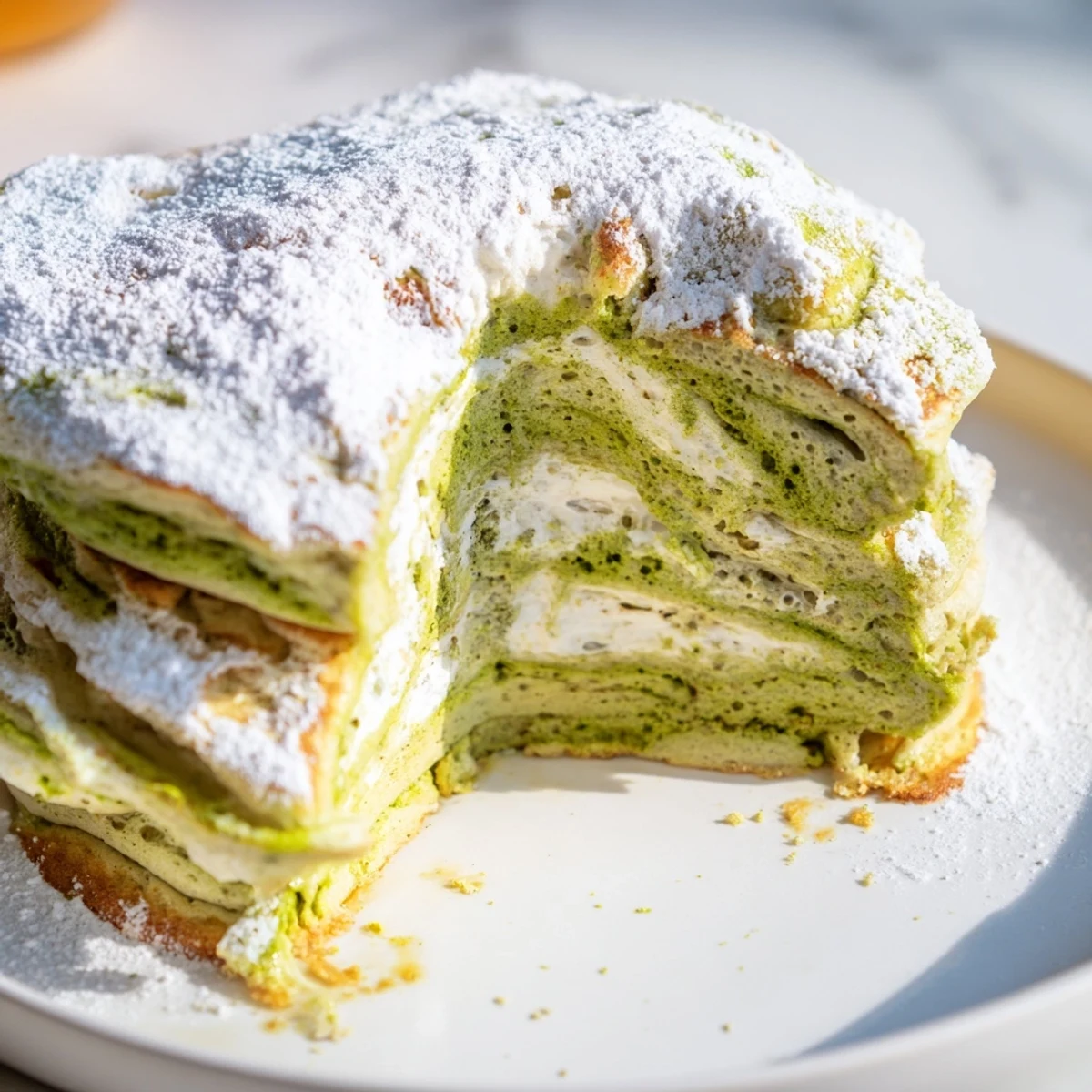 Steam rising around freshly cooked Egg White Gingerbread Matcha Soufflé Pancakes, spiced and sweet, ideal for breakfast.