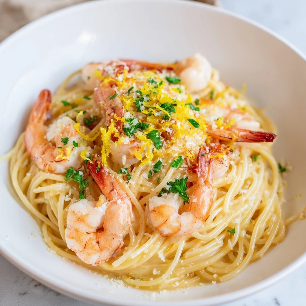 One-Skillet Lemon Garlic Shrimp Angel Hair Pasta with a bright, flavorful, creamy sauce.