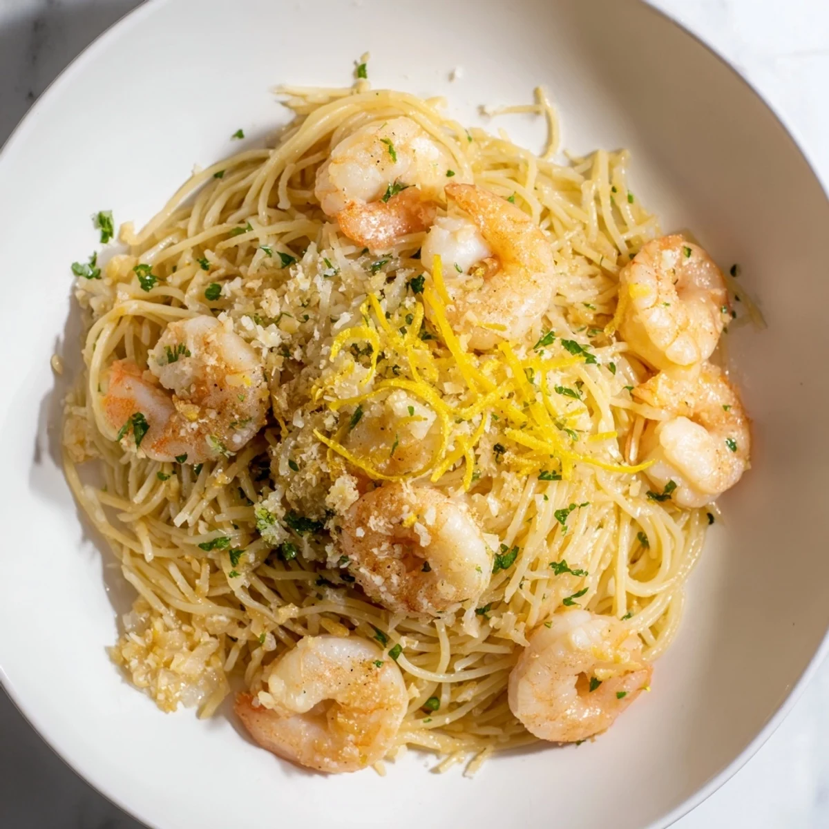 Golden, perfectly cooked One-Skillet Lemon Garlic Shrimp Angel Hair Pasta, ready to savor.
