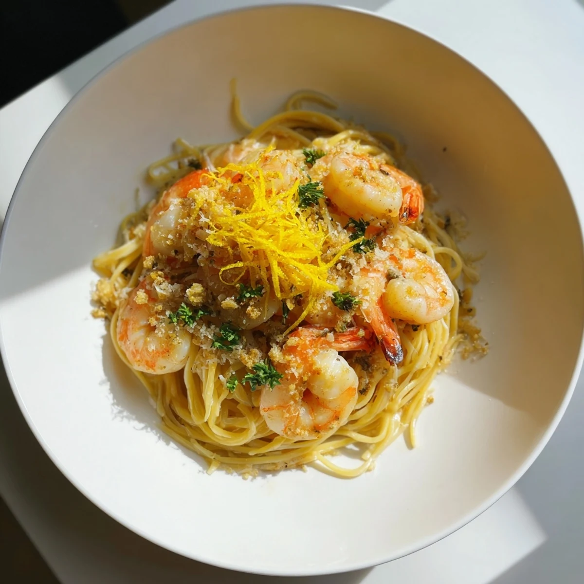Enjoy savory One-Skillet Lemon Garlic Shrimp Angel Hair Pasta, garnished with fresh parsley and Parmesan.