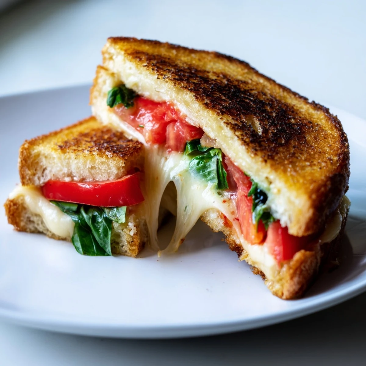 Golden, crispy Tomato Basil Burrata Stuffed Grilled Cheese oozes creamy cheese and ripe tomato slices.