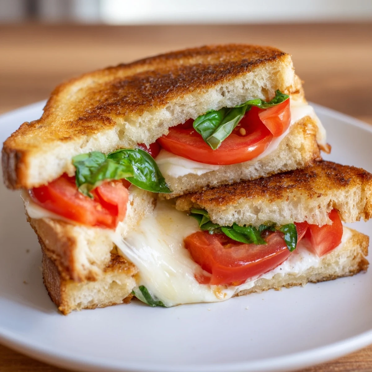 Warm, buttery Tomato Basil Burrata Stuffed Grilled Cheese showcases a melty burrata filling with fresh basil.